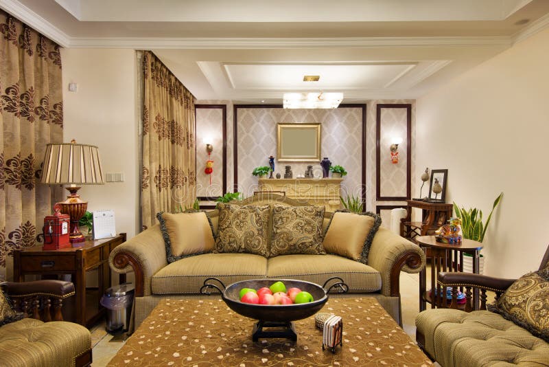 Living Room with Ornate Curtains and Furniture Stock Image Image of