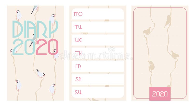 Simple diary 2020. Front page, week planner and page for notices with cute birds vector illustration Simple diary 2020. Front page, week planner and page for notices with cute birds vector illustration