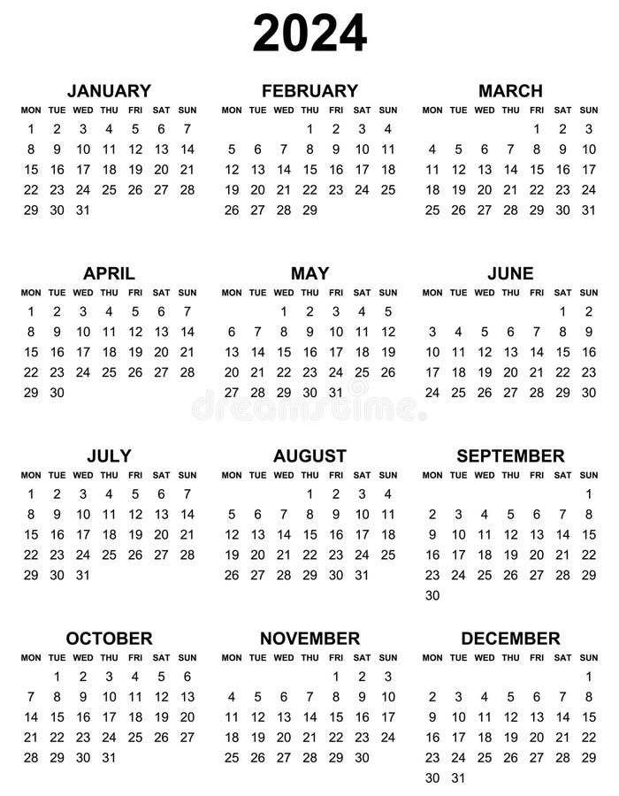 Simple Editable Vector Calendar for Year 2024 Mondays First, Sundays on