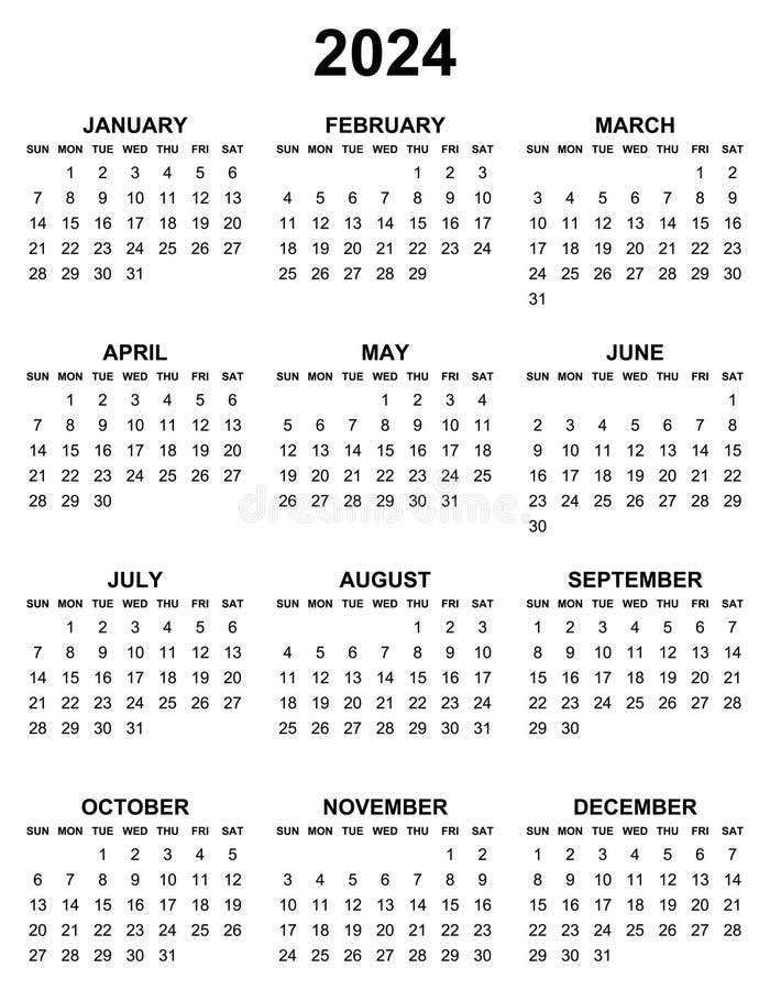 Simple Editable Vector Calendar for Year 2024 Sundays First, Easy To