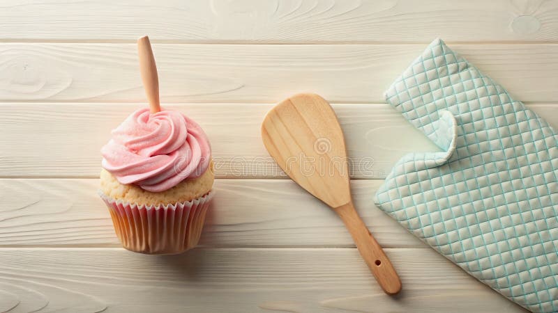 This captivating minimalist still life showcases the beauty of simplicity in the kitchen. A perfectly formed cupcake, bathed in soft, natural light, takes center stage. Its delicate frosting and golden crumb are highlighted against a backdrop of muted tones, creating a serene and inviting ambiance. A sleek, stainless steel spatula rests beside the treat, poised for action. A pair of oven mitts. Frosting spatula illustrations