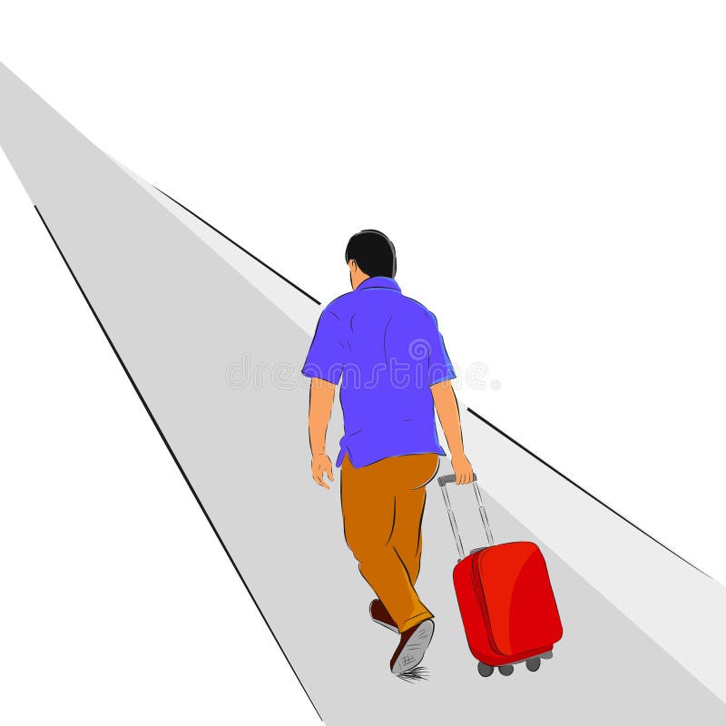 Simple flat color sketch of walking traveler, view from back stock illustration