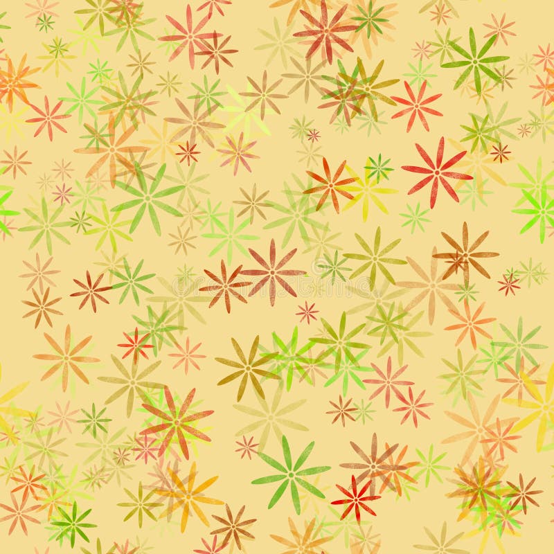 Simple floral seamless fabric and paper pattern Small muted yellow red orange brown layered flowers on a light-yellow background