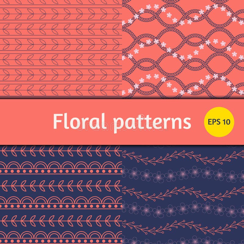 Simple floral vector patterns set, collection in coral and blue colors royalty free illustration Simple floral vector patterns set, collection in coral and blue colors royalty free illustration