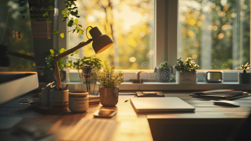 A simple yet functional desk setup with a laptop and a lamp. Perfect for a home office or workspace. royalty free stock photo