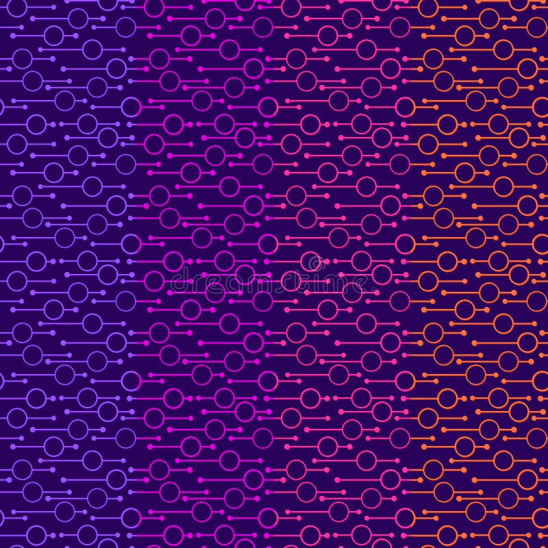 Simple geometric glowing rounds and lines on dark background. Neon lights on abstract vector seamless patterns for textile, prints stock illustration Simple geometric glowing rounds and lines on dark background. Neon lights on abstract vector seamless patterns for textile, prints stock illustration