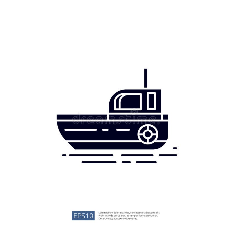 A simple graphic illustration of a boat, depicting a side view with a cabin and a small flag, set against a plain background stock illustration