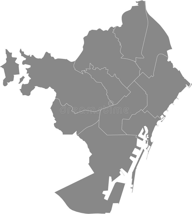 Gray Map of Districts of Barcelona, Spain Stock Vector Illustration