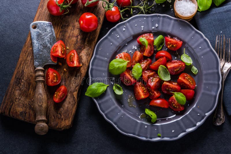 Simple and healthy dish, tomato and basil