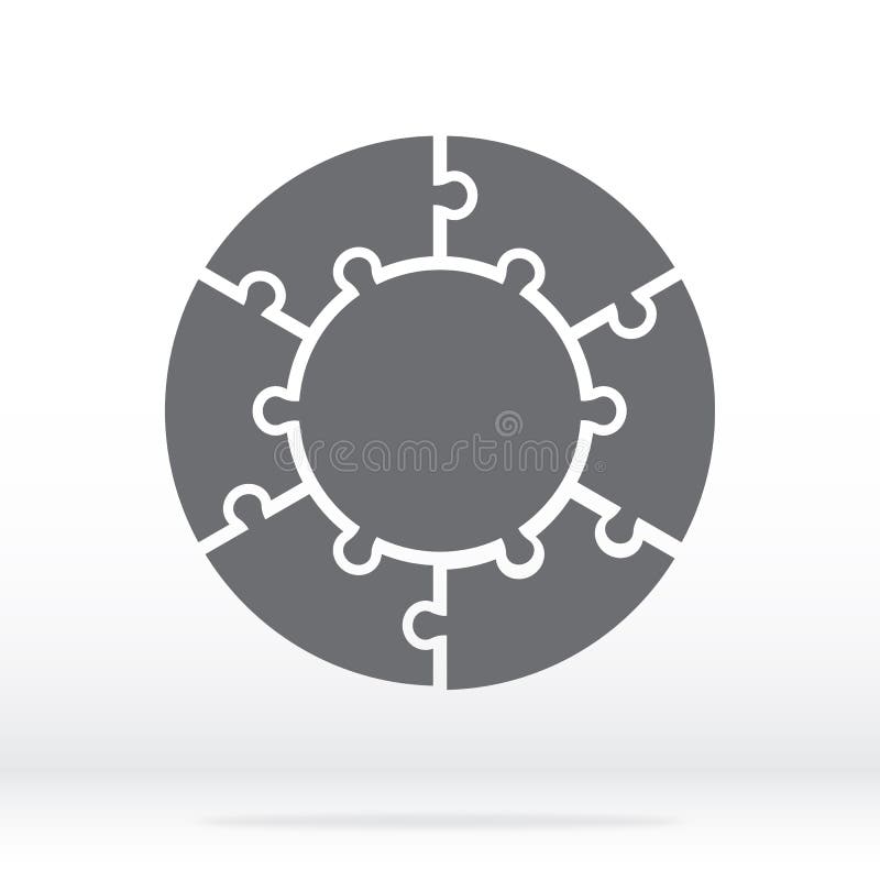 Simple icon circle puzzle in gray. Simple icon circle puzzle of the six pieces and center on gray background stock illustration