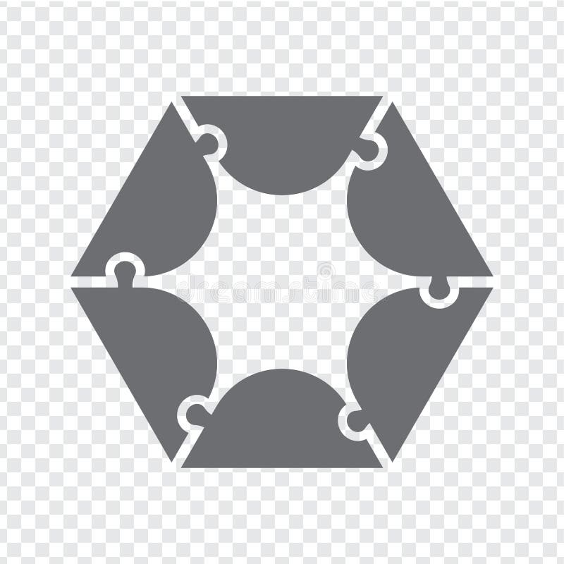 Simple icon polygonal puzzle in gray. Simple hexagon puzzle of six pieces on transparent background. stock illustration.