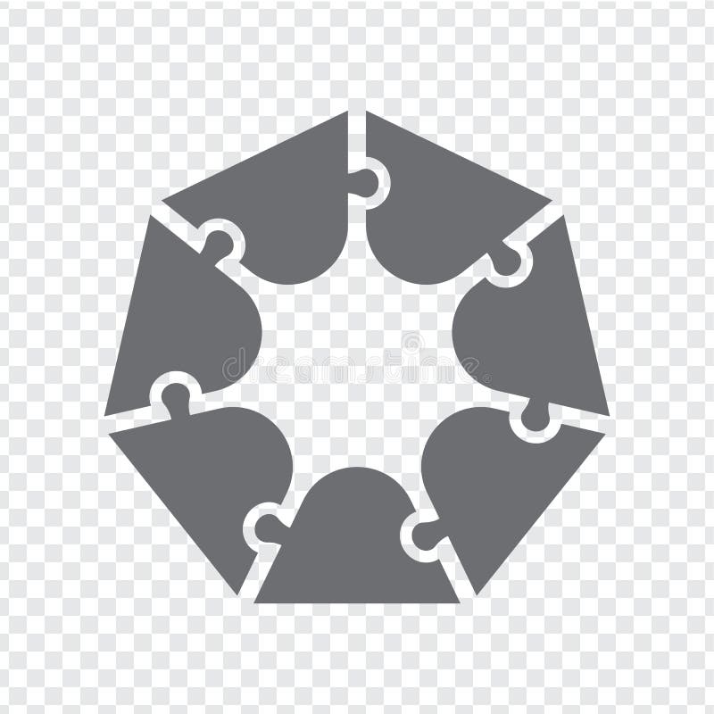 Simple icon polygonal puzzle in gray. Simple heptagon puzzle of seven pieces on transparent background stock illustration.