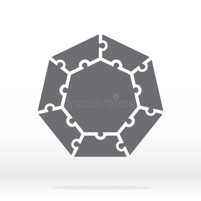 Simple icon polygonal puzzle in gray. Simple icon polygonal puzzle of the seven elements and center on gray background. stock illustration Simple icon polygonal puzzle in gray. Simple icon polygonal puzzle of the seven elements and center on gray background. stock illustration