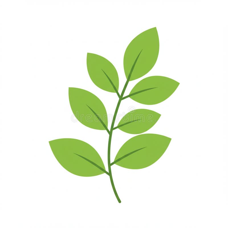 A simple illustration of a green leafy branch with nine leaves arranged in pairs along stock illustration