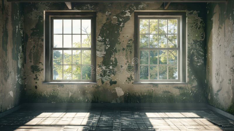 A simple interior room with a brick floor and two windows, ideal for use in architectural or design contexts stock photo