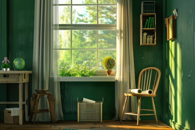 A simple interior scene showing a chair in a green room with a window royalty free stock image