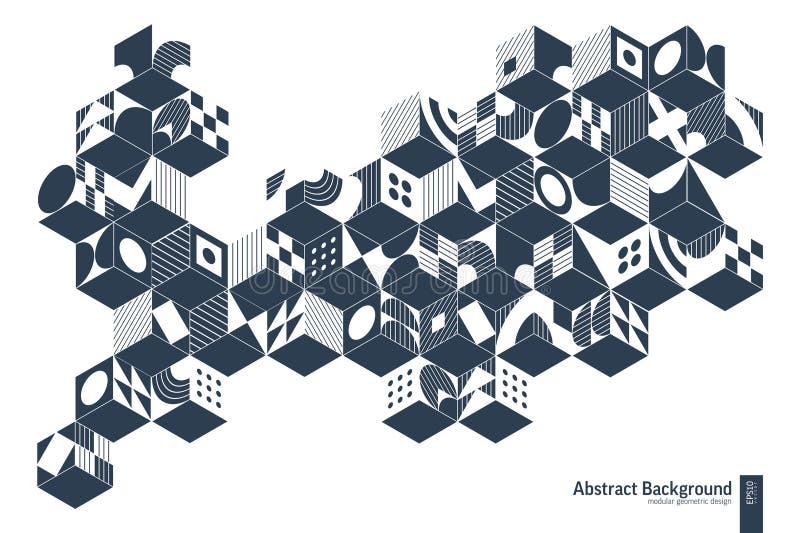 Simple Isometric Seamless Pattern. Line Geometric Abstract Background, Cube, 3d Box, Square and Hexagon Shape Grid stock illustration