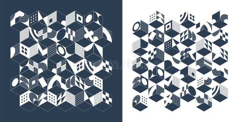Simple Isometric Seamless Pattern. Line Geometric Abstract Background, Cube, 3d Box, Square and Hexagon Shape Grid vector illustration