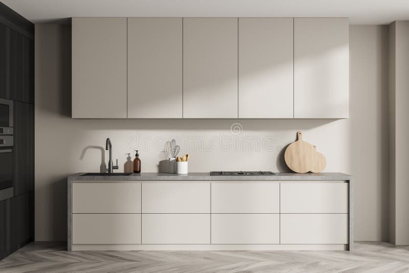Closeup Kitchen Cabinet With Grey Worktop, Beige Stock Illustration -  Illustration Of Home, Closeup: 227294949