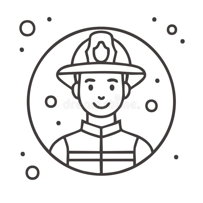 Simple Line Art Icon of a Smiling Firefighter in a Helmet Inside a Circle vector illustration