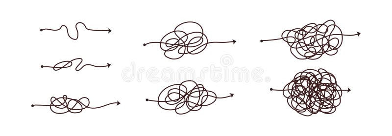 Simple line and complex easy way. Scribble doodle chaos mindset. Problem solving, difficult line. Vector hand drawn stock illustration