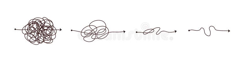Simple line and complex easy way. Scribble doodle chaos mindset. Problem solving, difficult line. Vector hand drawn royalty free illustration