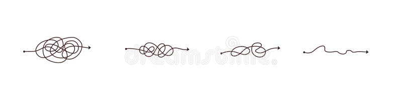 Simple line and complex easy way. Scribble doodle chaos mindset. Problem solving, difficult line. Vector hand drawn stock illustration