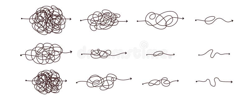 Simple line and complex easy way. Scribble doodle chaos mindset. Problem solving, difficult line. Vector hand drawn royalty free illustration