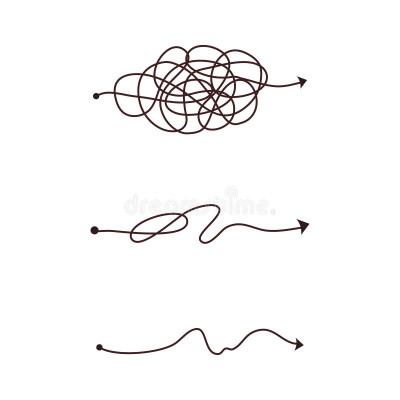 Simple line and complex easy way. Scribble doodle chaos mindset. Problem solving, difficult line. Vector hand drawn vector illustration