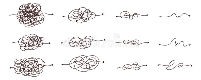 Simple line and complex easy way. Scribble doodle chaos mindset. Problem solving, difficult line. Vector hand drawn stock illustration