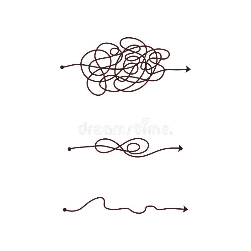Simple line and complex easy way. Scribble doodle chaos mindset. Problem solving, difficult line. Vector hand drawn stock illustration