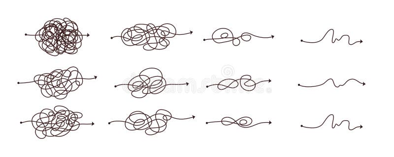 Simple line and complex easy way. Scribble doodle chaos mindset. Problem solving, difficult line. Vector hand drawn royalty free illustration