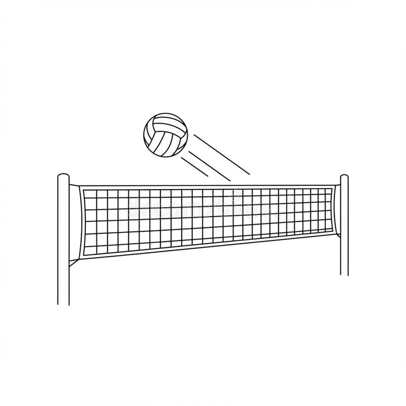 Simple line drawing of a volleyball scene. A volleyball net extends horizontally vector illustration