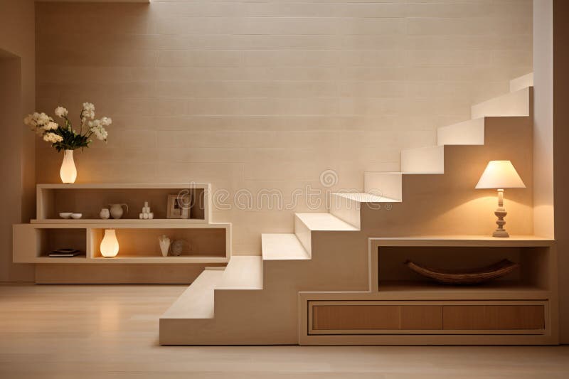 A Simple Living Room with a Couch, Coffee Table, and Staircase Stock