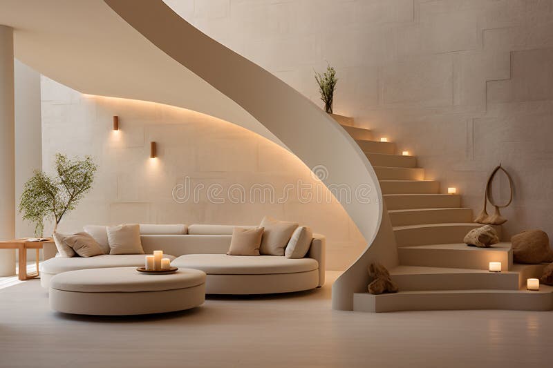 A Simple Living Room with a Couch, Coffee Table, and Staircase Stock