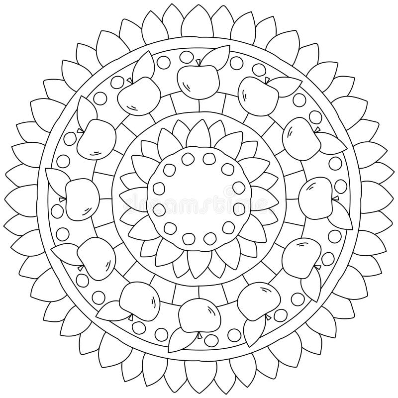 Simple Mandala with Fruits and Patterns, Coloring Page with Apples and ...