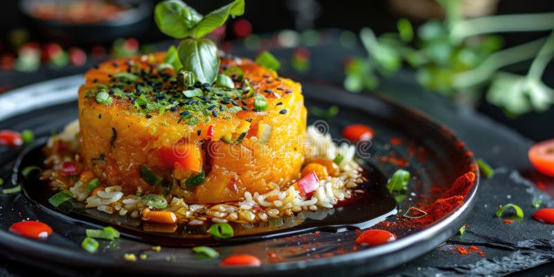 A simple meal setup featuring a black plate topped with rice, vegetables, and no additional adornments royalty free stock photo