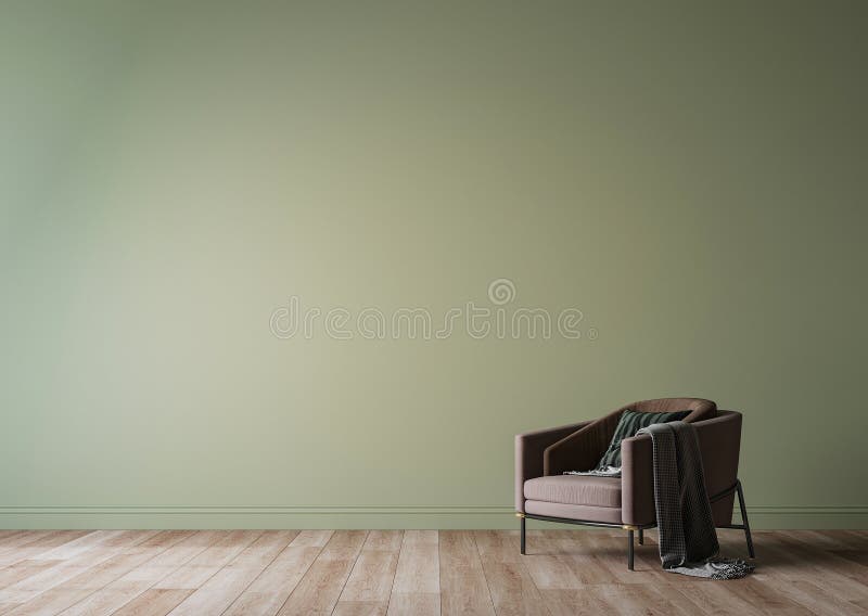 Simple minimal modern style interior, brown armchair on green wall background