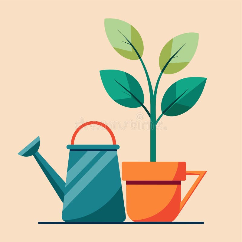 A simple, minimalist illustration of a watering can and a potted plant, A minimalist illustration of a watering can and potted stock illustration