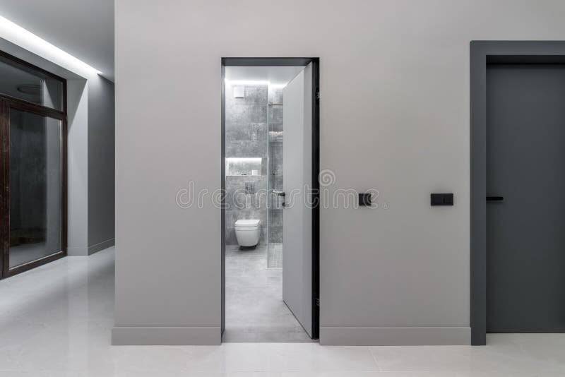 A Simple Modern Gray Wall with a Black and Gray Door in an Empty Room