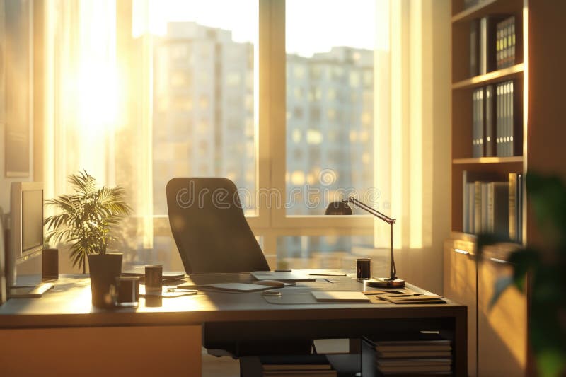 A simple office setup with a desk, lamp, and chair near a window royalty free stock image