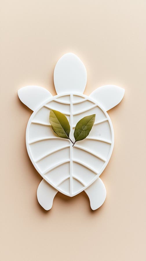 A simple outline of a turtle is depicted with a small green leaf resting on its shell, set against a soft, pale royalty free stock image