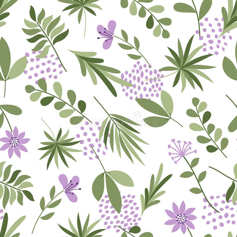 Simple plants pattern. Seamless cute background with flowers and dots. Vector illustration. Template for fashion prints. stock illustration Simple plants pattern. Seamless cute background with flowers and dots. Vector illustration. Template for fashion prints. stock illustration
