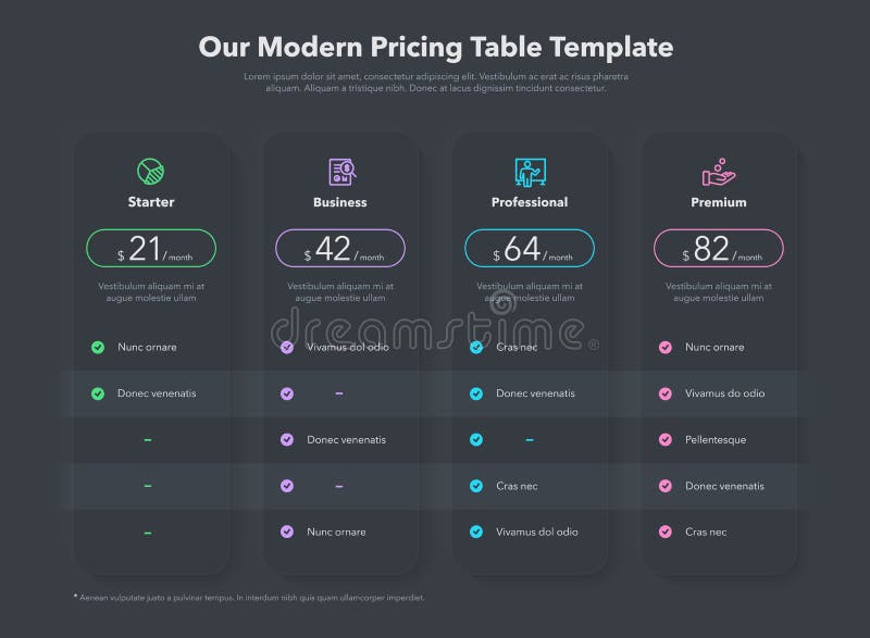 Simple pricing table layout with four subscription plans - dark version vector illustration