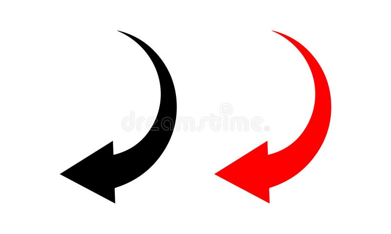 A simple, red, curved arrow pointing to the left and down on a white background. Direction symbol. Arrow symbol for app, UI, web. Vector illustration eps file.