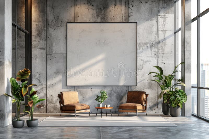 Simple room setup with two chairs and a large poster on the wall, ready for presentation or meeting royalty free stock photography