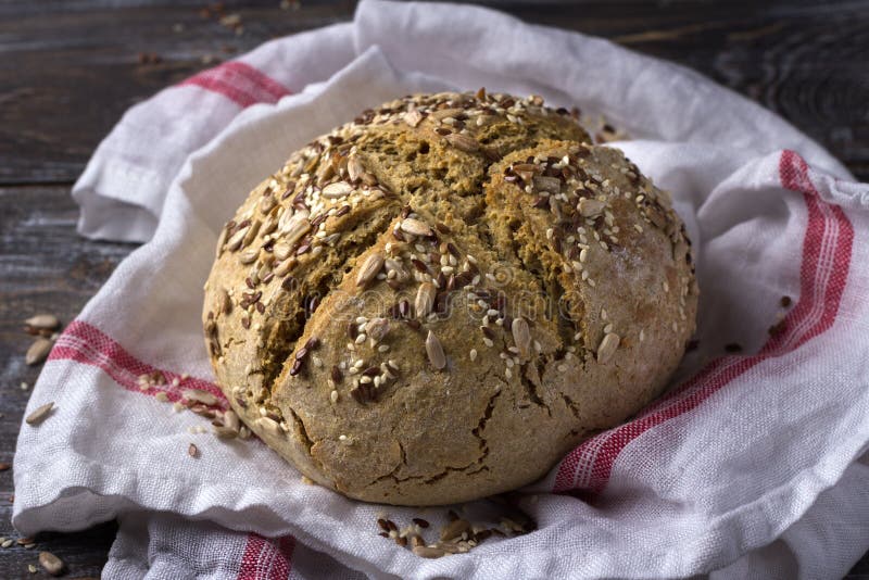 Simple Rustic Rye Oat Bread without Yeast with Seeds Stock Image
