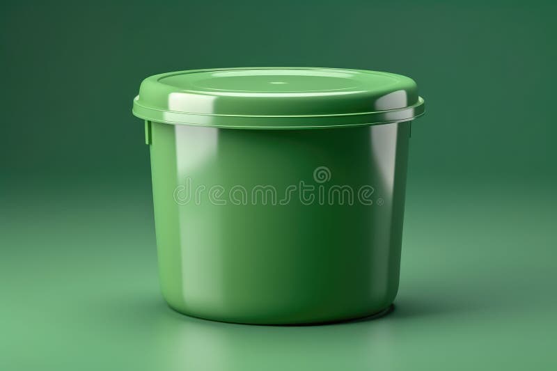 Shiny simple bucket made of plastic in green color covered with lid on green background. Shiny simple bucket made of plastic in green color covered with lid on green background