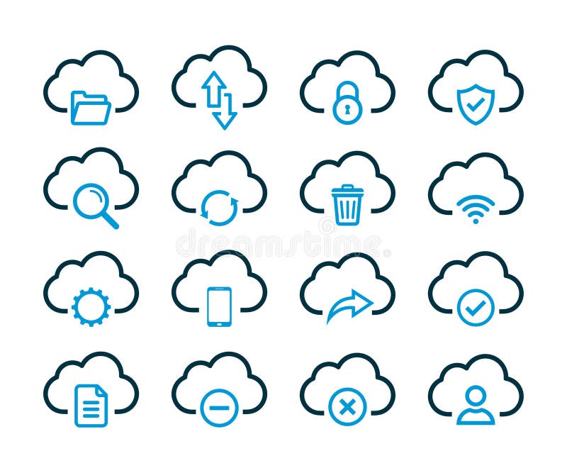Simple Set of Computer Cloud Related and Cloud Hosting related Vector Line Icons. Cloud storage and Network Vector icon set.