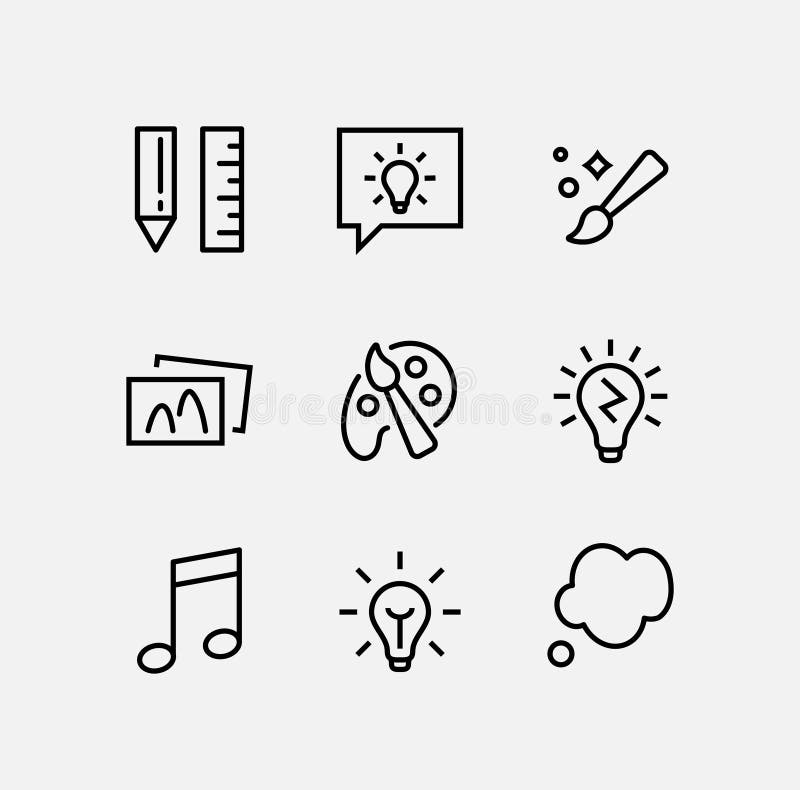 Simple Set of Creativity Related Vector Line Icons. Contains such Icons as Inspiration, Idea, Brain and more. Editable Stroke. 48x royalty free illustration Simple Set of Creativity Related Vector Line Icons. Contains such Icons as Inspiration, Idea, Brain and more. Editable Stroke. 48x royalty free illustration